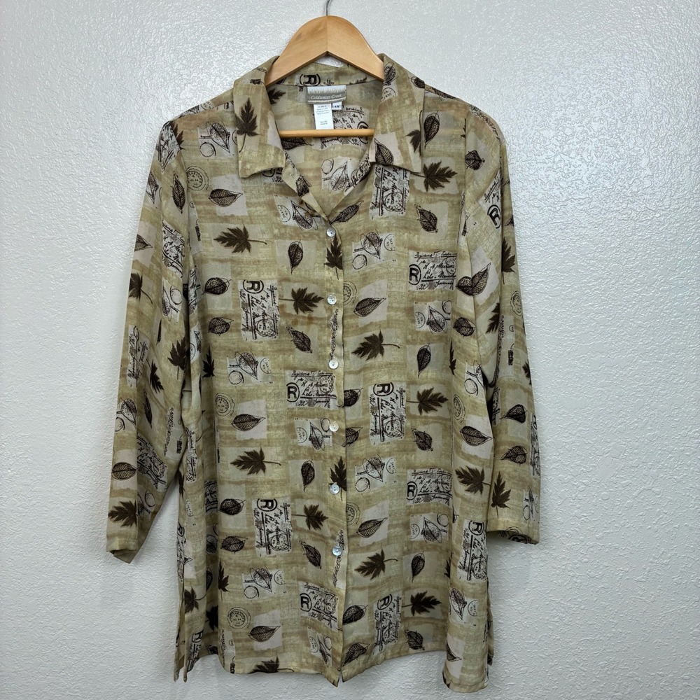 Coldwater Creek Womens‎ 1X Tan Brown Leaf Stamp Print Button Front Blouse Tunic